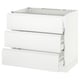 SEKTION kitchen base unit in white with three drawers and metallic handles.