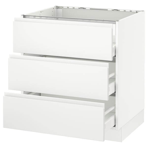 Modern white kitchen unit with integrated handles; three drawers, rectangular shape, minimalist design.