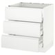 Modern white kitchen unit with integrated handles; three drawers, rectangular shape, minimalist design.