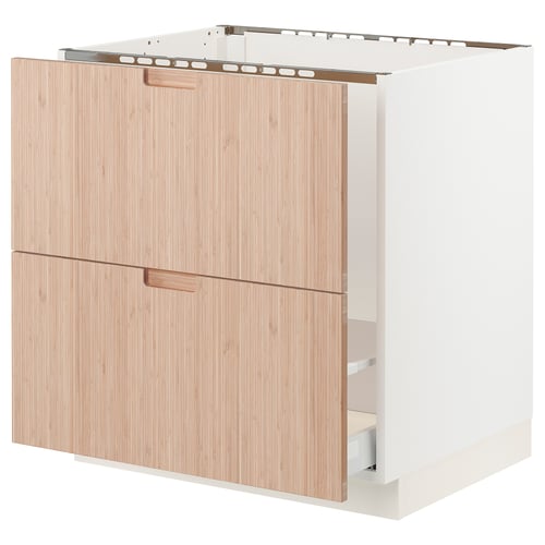 A modern kitchen cabinet from ikea called SEKTION, featuring two light-colored bamboo drawers with a sleek, natural design.