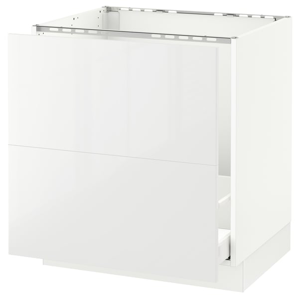 A white SEKTION kitchen cabinet from IKEA. Its a modern, high-gloss unit with a sleek, rectangular design and no visible handles.