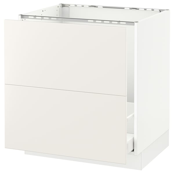 A white SEKTION kitchen base cabinet with a smooth, modern design. It two drawers and a sturdy frame.
