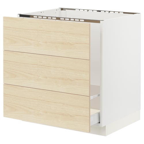 Modern light wood kitchen cabinet with smooth drawer, white frame, rectangular.