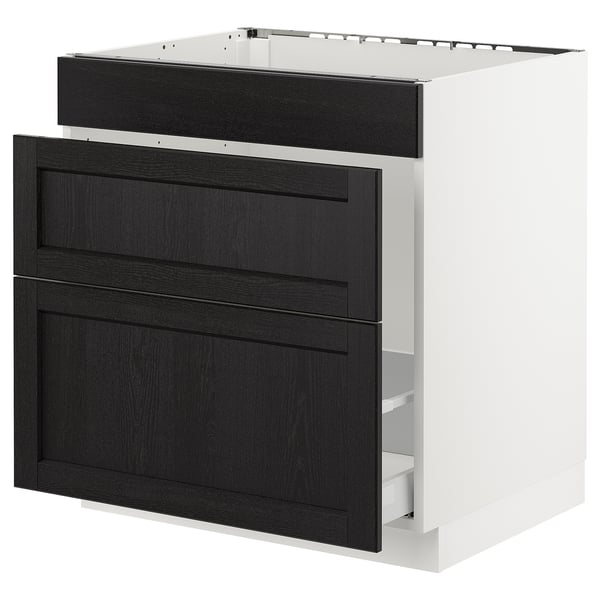 Modern white and black wooden kitchen cabinet with bevelled edges.