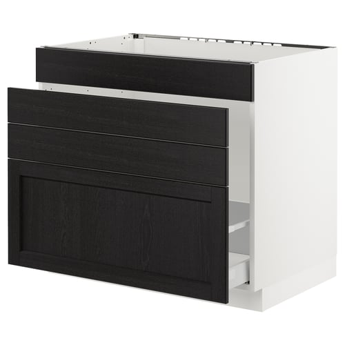 An ikea SEKTION kitchen cabinet in white with black-stained wood panels. It has a drawer, and the frame is sturdy.