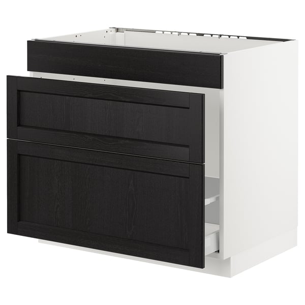 SEKTION kitchen cabinet, white with dark stained wood panels, rectangular shape, classic design.