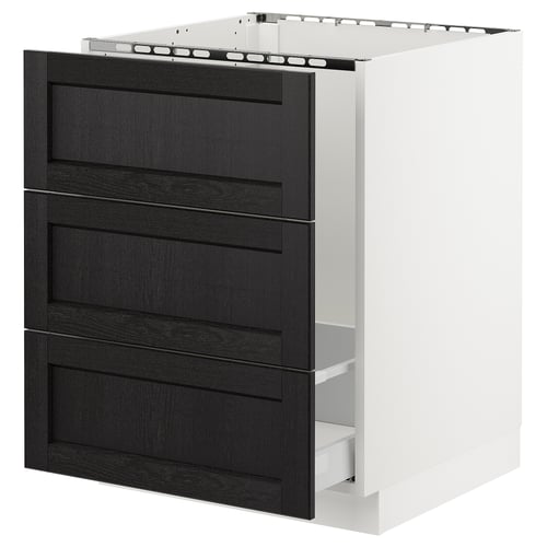 Modern kitchen cabinet: black drawers, white frame, traditional design.