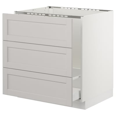 SEKTION kitchen cabinet, light grey, wooden drawers, boxy design, three drawers, white background.