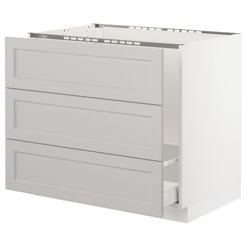 SEKTION kitchen cabinet in light grey with three drawers and bevelled edges.