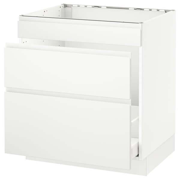 White kitchen cabinet with drawers. Modern, minimalist design. Made from particleboard and fibreboard. 3 drawers, smooth close drawers.