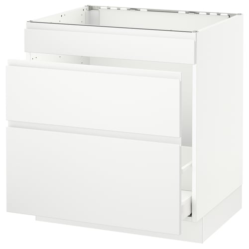 White kitchen cabinet with drawers. Modern, minimalist design. Made from particleboard and fibreboard. 3 drawers, smooth close drawers.