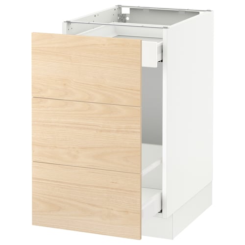 An ikea SEKTION kitchen cabinet with light ash wood drawers. It has a sleek, modern design and sturdy frame construction.