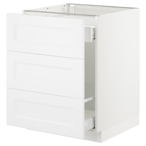 White SEKTION kitchen cabinet with three drawers, sleek modern design, sturdy construction, fiberboard and steel components.