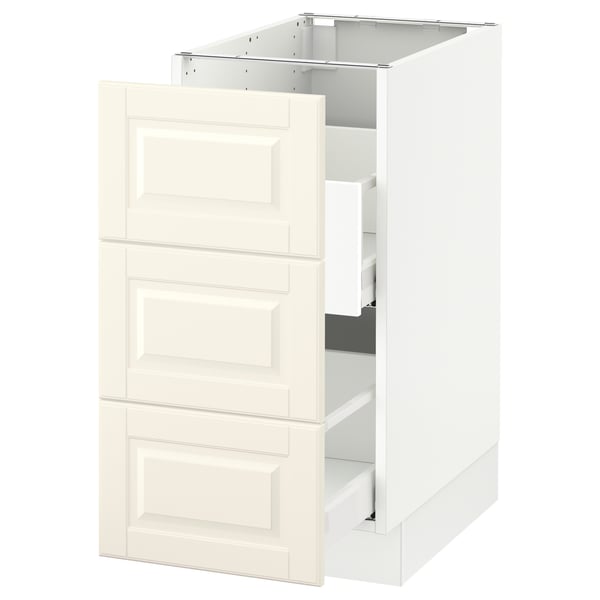 A white SEKTION kitchen cabinet with three drawers, featuring off-white bodbyn fronts with bevelled edges and a traditional design.