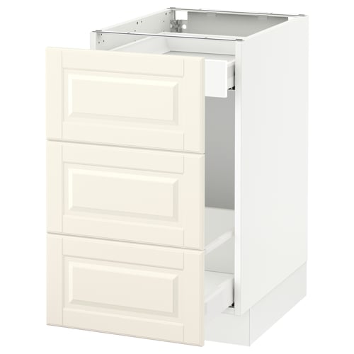 Off-white SEKTION cabinet with bevelled edges & 3 drawers. Modern classic design for traditional kitchens.
