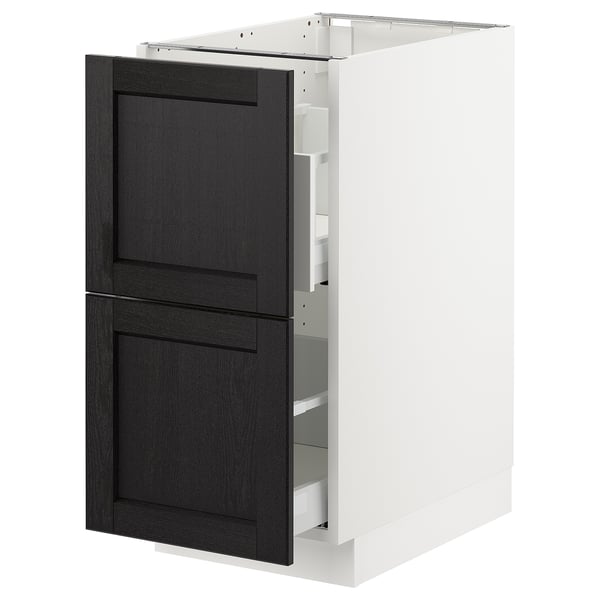 SEKTION kitchen cabinet, black wooden doors, white frame, rectangular shape, traditional design.