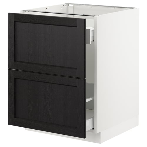 Black and white kitchen cabinet with drawers, traditional design.
