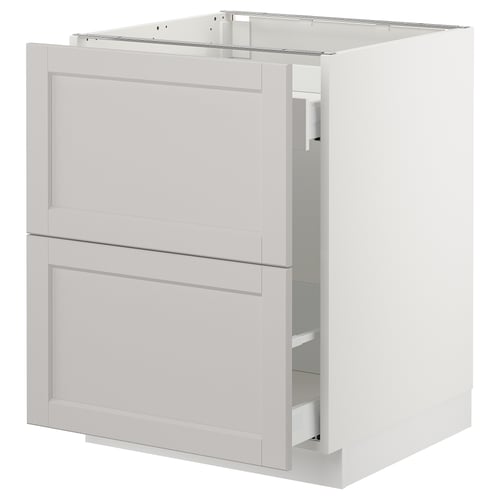 IKEA SEKTION white kitchen cabinet with two drawers and one door, featuring bevelled edges and a smooth finish.