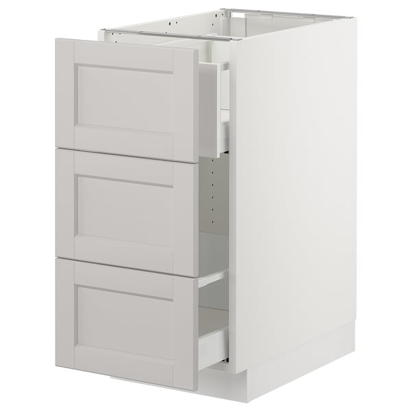 White ikea SEKTION kitchen unit with grey drawers, modern rectangular design.