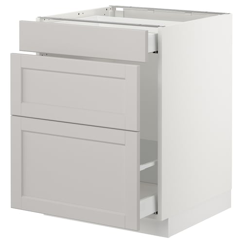 White SEKTION kitchen cabinet, light grey drawers, classic design with bevelled edges.