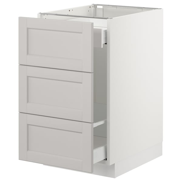 White SEKTION kitchen cabinet with light grey lerhyttan fronts, four drawers, rectangular, classic design.