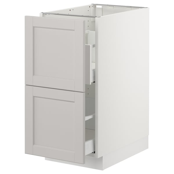 Ikea SEKTION kitchen unit in light grey with two drawers and cabinet.