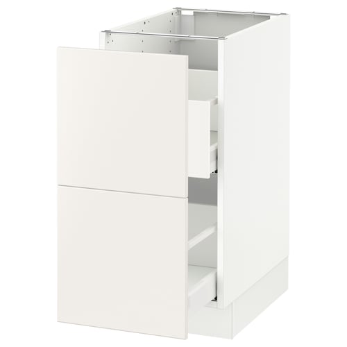 A white modern kitchen cabinet from IKEAs SEKTION series, featuring a smooth drawer.