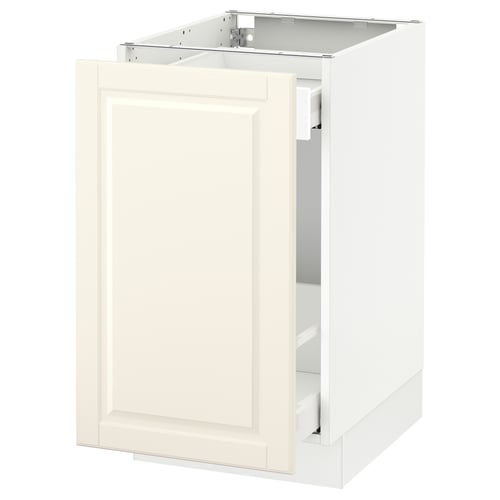 An off-white SEKTION kitchen cabinet with a traditional design and bevelled edges. Its rectangular with a flat door and internal storage.