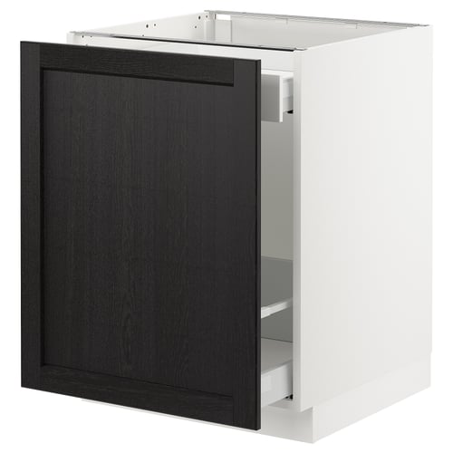 Modern kitchen cabinet, white, rectangular, with dark stained wooden door, smooth drawer, designed by SEKTION.