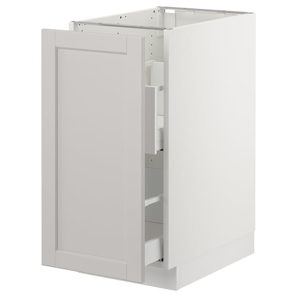 White kitchen cabinet, modern design, grey front, rectangular shape, sturdy frame, full-extension drawer, traditional style.