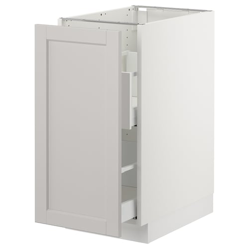 White kitchen cabinet, modern design, grey front, rectangular shape, sturdy frame, full-extension drawer, traditional style.