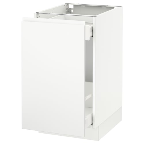 White cabinet, SEKTION brand, modern design, with smooth handles, base size, in a minimalist style.