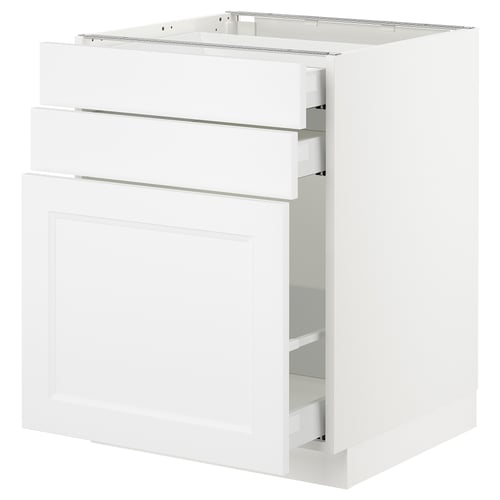 White SEKTION kitchen cabinet with three drawers and two shelves.