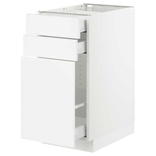 White ikea SEKTION cabinet, 3 drawer units, modern design, high gloss finish.