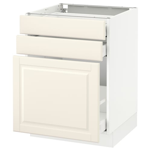 Off-white kitchen cabinet with drawers and doors, traditional design, smooth drawers.