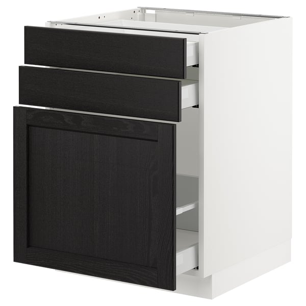 Modern kitchen cabinet in white with dark stained wooden drawers and door.