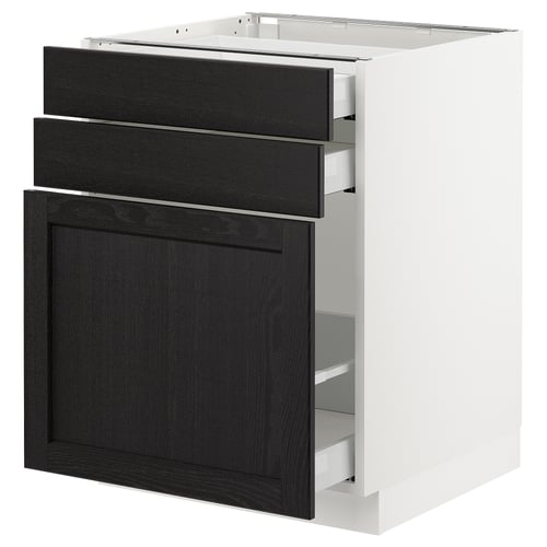 Modern kitchen cabinet in white with dark stained wooden drawers and door.