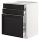 Modern kitchen cabinet in white with dark stained wooden drawers and door.