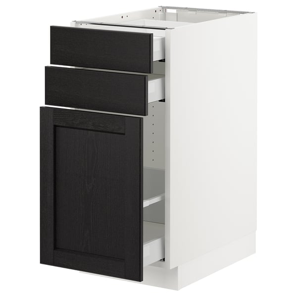 Modern kitchen cabinet, SEKTION series, white & black, with drawers & shelves, sleek design.