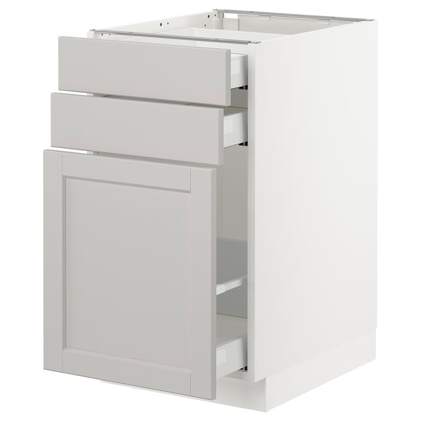 White kitchen cabinet with grey drawers and door, rectangular design.