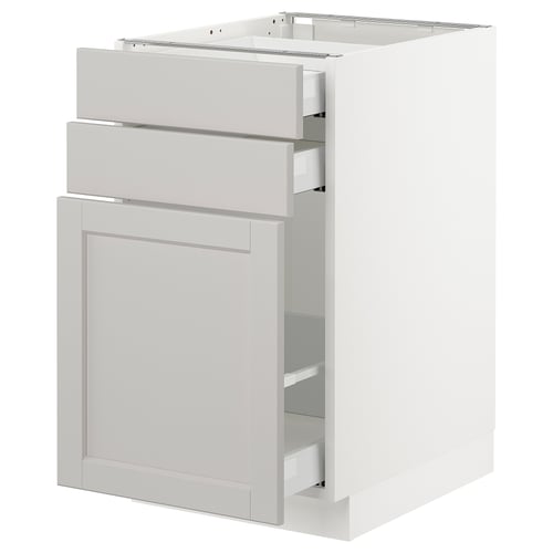 White kitchen cabinet with grey drawers and door, rectangular design.