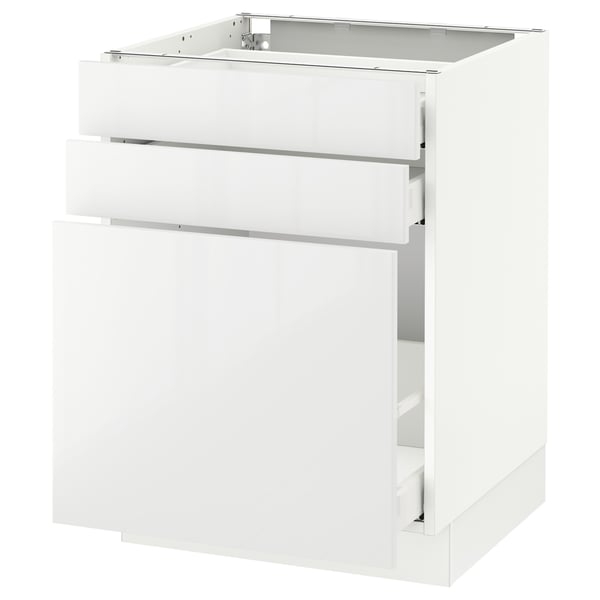 White high-gloss kitchen cabinet with two drawers and one door, modern design.