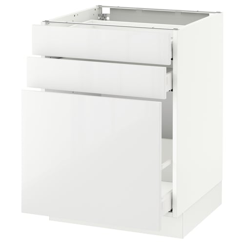 White high-gloss kitchen cabinet with two drawers and one door, modern design.