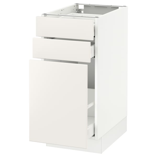 A white SEKTION kitchen cabinet with smooth, modern design, featuring two drawers and one door.