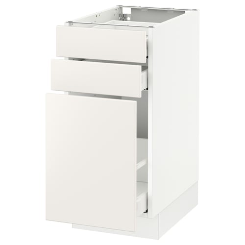 A white SEKTION kitchen cabinet with smooth, modern design, featuring two drawers and one door.