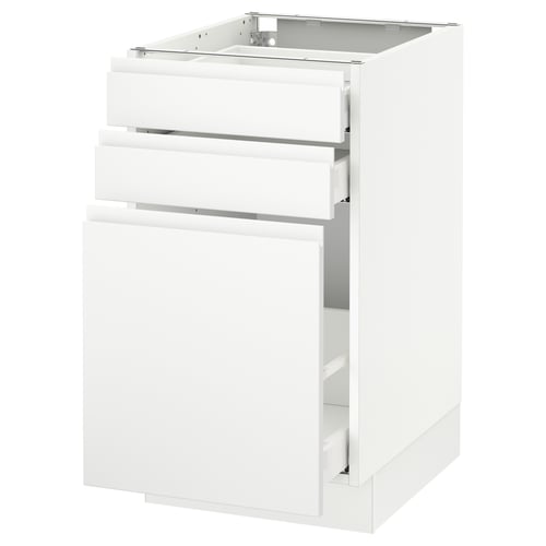 Image shows a white SEKTION kitchen cabinet with two drawers and one door. Modern, minimalist design with integrated handles.