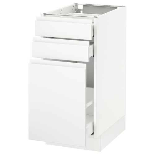 Depicts a white SEKTION kitchen cabinet with three drawers and one door, featuring minimalist handles.