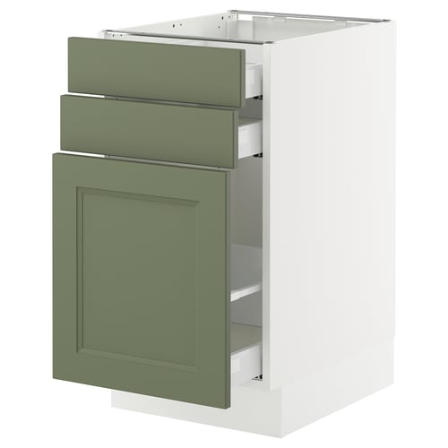 SEKTION kitchen unit, grey-green, modern. Three drawers, white base, sleek design.