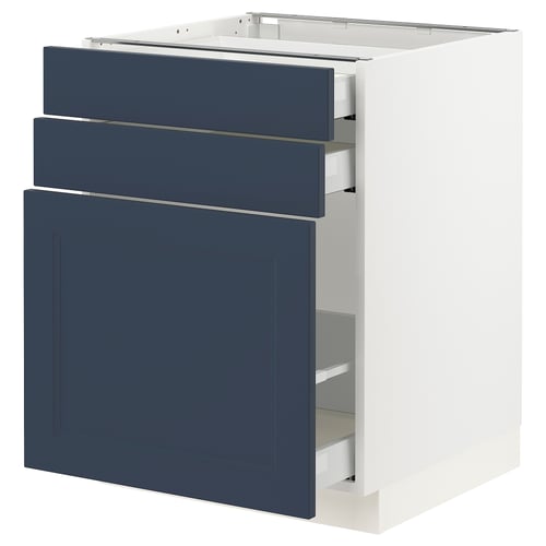 A white SEKTION kitchen cabinet with blue drawers and door. It has a modern, rectangular shape with a smooth finish.