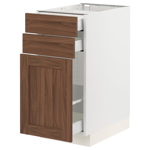 SEKTION / MAXIMERA Base cabinet/p-out storage/2 drwrs, white Enköping/brown walnut effect, 15x24x30 "